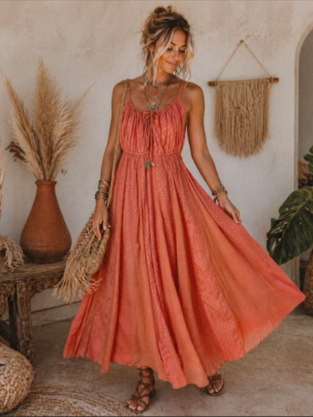Free People Boho Maxi Dress Summer Coral Orange Red Peasant BRAND NEW NWT Large